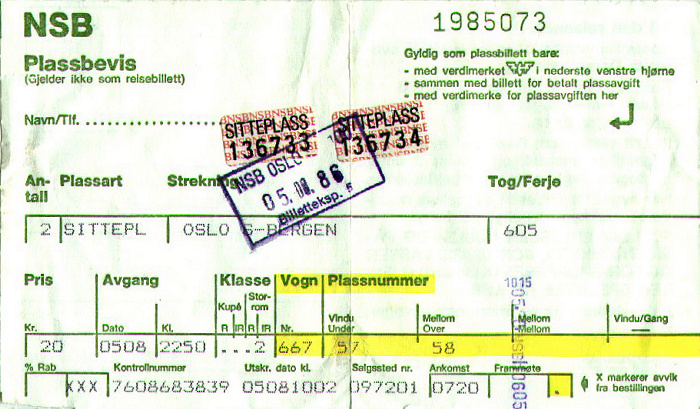 Sitzplatzreservierung Zug Oslo - Bergen