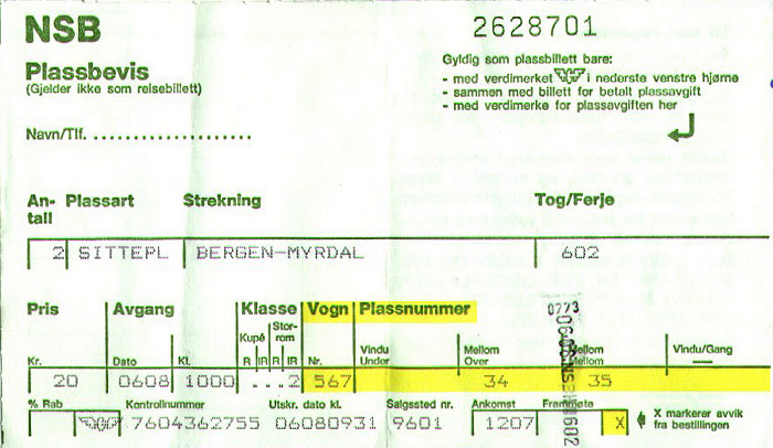 Sitzplatzreservierung Zug Bergen - Myrdal