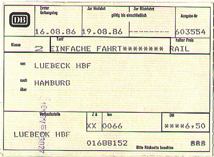 Bahnfahrkarte Lübeck - Hamburg