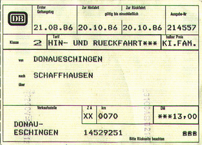 Bahnfahrkarte Donaueschingen - Schaffhausen 22.8. / Schaffhausen - Donaueschingen 31.8.