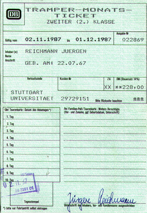 Stuttgart Tramper-Monats-Ticket 2.11.-1.12.