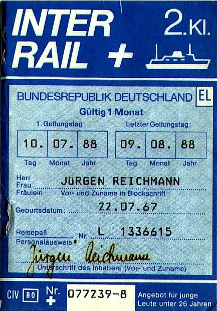 Donaueschingen Interrailticket 10.-27.7., 29.7., 5.-7.8.