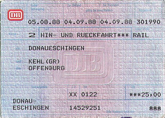 Bahnfahrkarte Donaueschingen - Kehl 5.8. / Kehl - Donaueschingen 7.8.