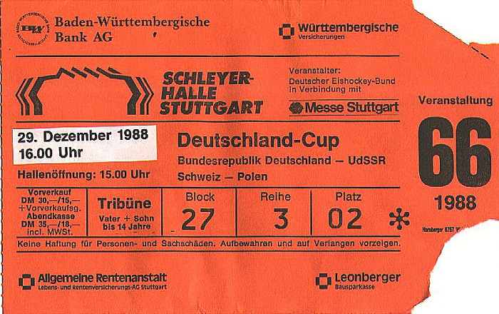 Stuttgart Eishockey-Deutschland-Cup: Eishalle Waldau Schweiz - Polen / H.-M.-Schleyer-Halle Deutschland - Team UdSSR