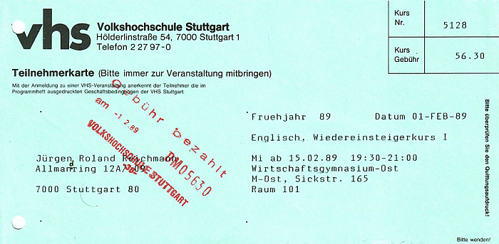 Volkshochschule Stuttgart: Englisch Wiedereinsteigerkurs I (Wirtschaftsgymnasium-Ost)