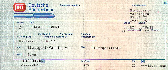 Bahnfahrkarte Stuttgart-Vaihingen - Bonn