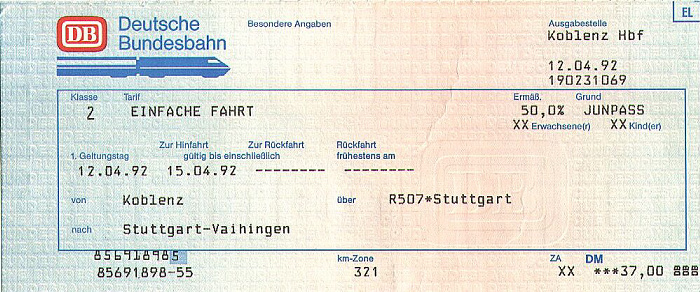 Bahnfahrkarte Koblenz - Stuttgart-Vaihingen