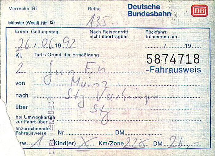 Bahnfahrkarte Mainz - Stuttgart-Vaihingen