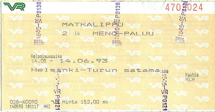 Bahnfahrkarte Helsinki - Turku 15.5. / Turku - Helsinki 16.5.