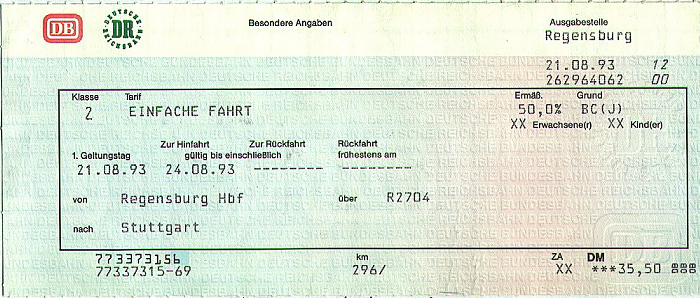 Bahnfahrkarte Regensburg - Nürnberg - Stuttgart
