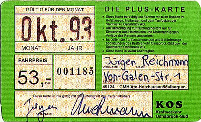 Bus-Monatskarte Osnabrück / Holzhausen (Rückseite) 10-11/93
