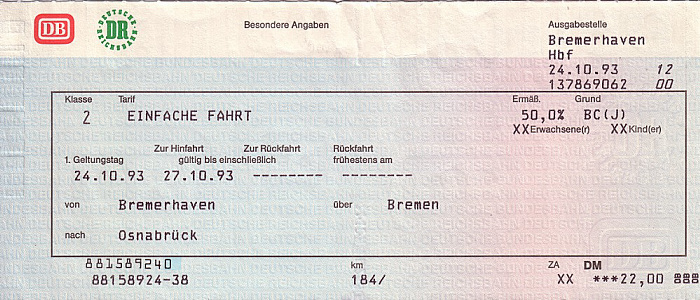 Bahnfahrkarte Bremerhaven - Osnabrück