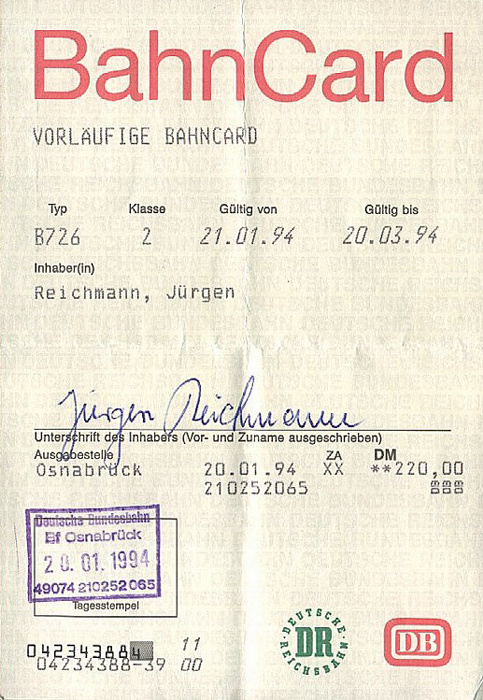 Osnabrück Vorläufige BahnCard 21.1. - 20.3.94