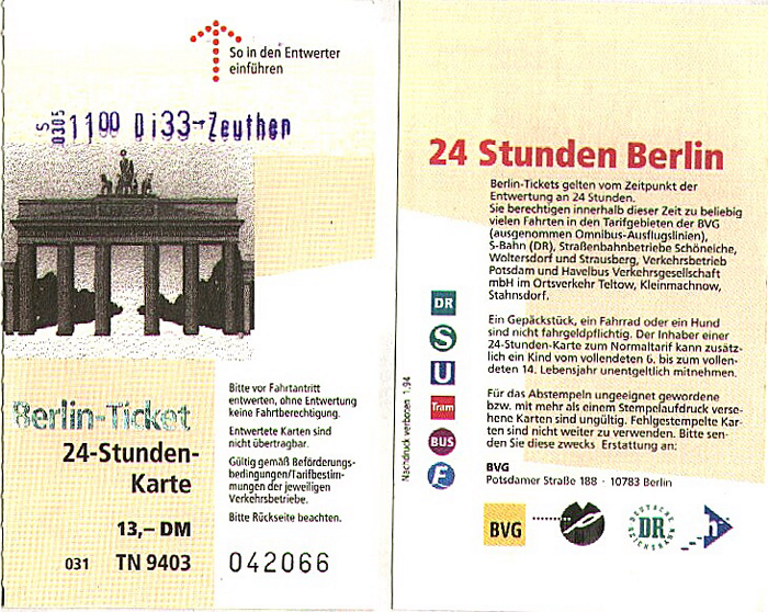 Berlin 24-Stunden-Karte Verkehrsverbund 15.-22.8.