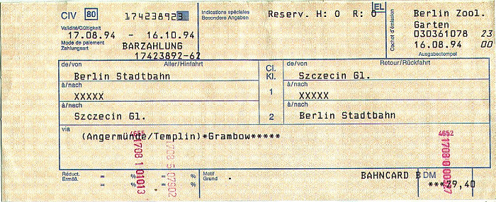 Bahnfahrkarte Berlin - Stettin - Berlin