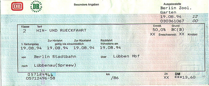 Bahnfahrkarte Berlin - Lübbenau - Berlin