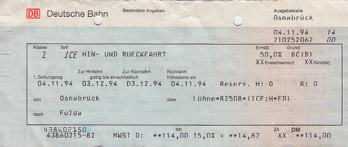 Bahnfahrkarte Osnabrück - Fulda 4.11. / Fulda - Osnabrück 7.11.
