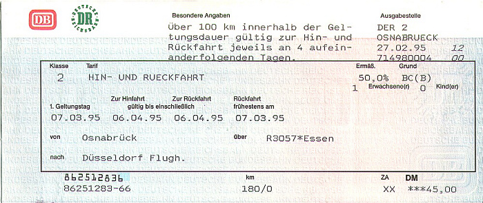Bahnfahrkarte Osnabrück - Düsseldorf 7.3. / Düsseldorf - Osnabrück 20.3.