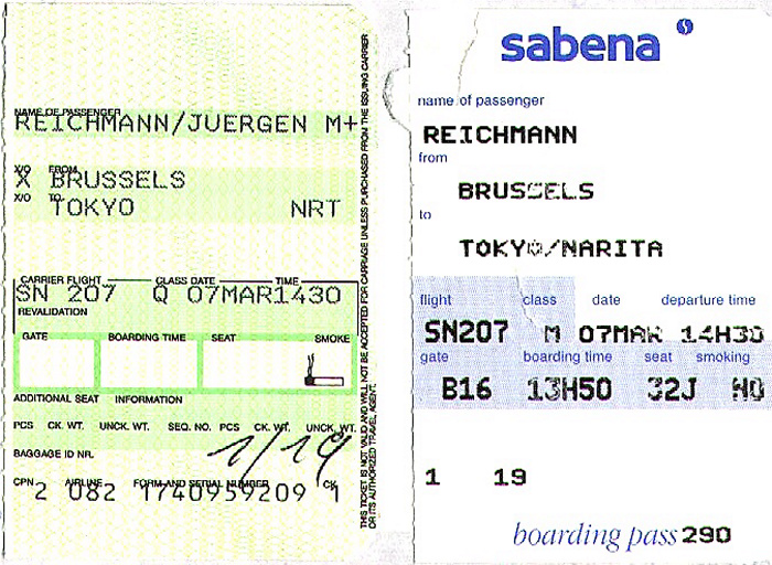 Bordkarte Flug Brüssel - Tokyo-Narita 7./8.3.
