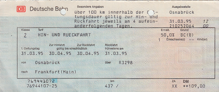 Bahnfahrkarte Osnabrück - Frankfurt am Main 31.3. / Frankfurt am Main - Osnabrück 1.4.