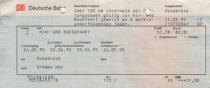 Bahnfahrkarte Osnabrück - Bremen 26.5. / Bremen - Osnabrück 27.5.