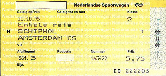 Bahnfahrkarte Schiphol - Amsterdam CS