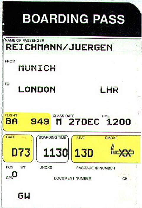 Bordkarte Flug München - London-Heathrow