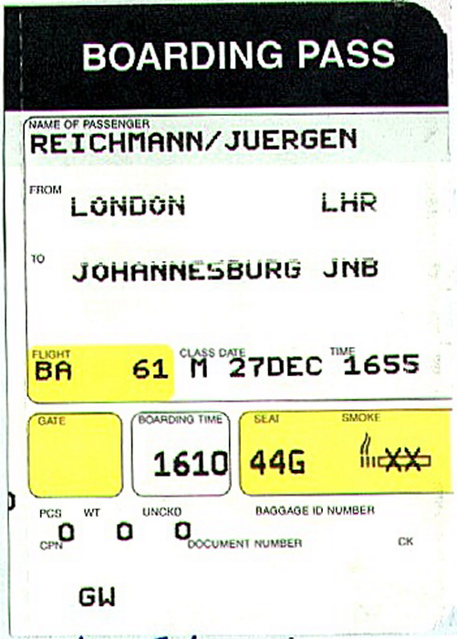 Bordkarte Flug London-Heathrow - Johannesburg 27./28.12.