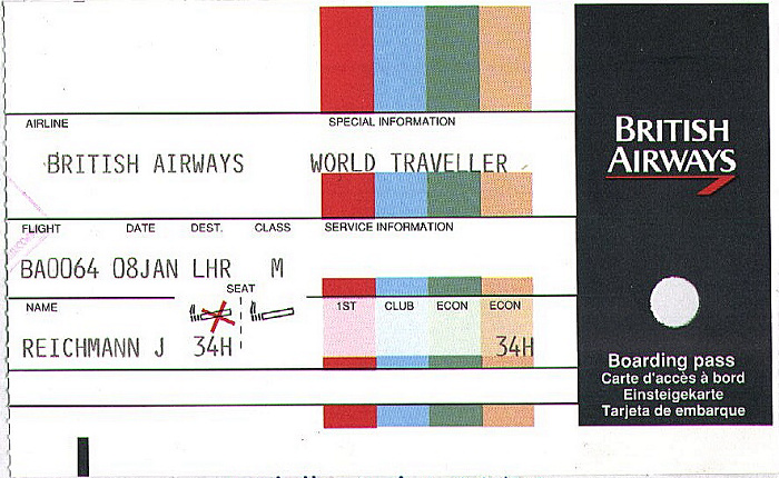 Bordkarte Flug Kapstadt - London-Heathrow