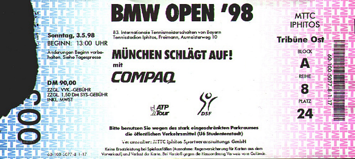 München ATP-Tennisturnier BMW Open '98: Einzelendspiel T. Enquist - A. Agassi, Doppelendspiel Woodbridge/Woodforde - Eagle/Florent