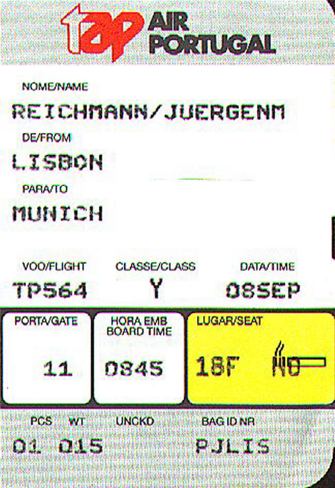 Bordkarte Flug Lissabon - München
