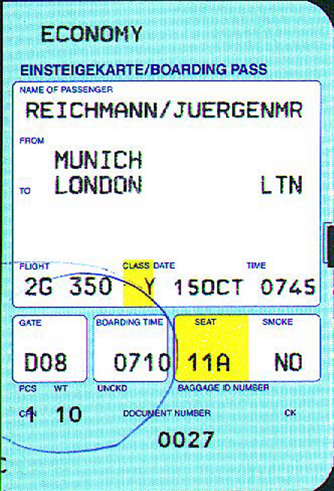 Bordkarte Flug München - London-Luton