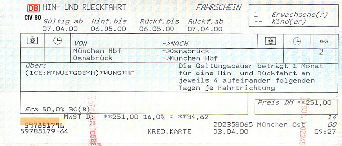 Bahnfahrkarte München - Hannover - Osnabrück 7.4. / Osnabrück - Hannover - München 9.4.