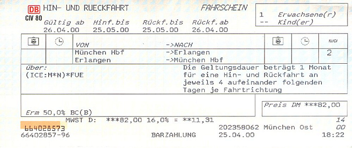Bahnfahrkarte München - Nürnberg - Erlangen / Erlangen - München - Nürnberg