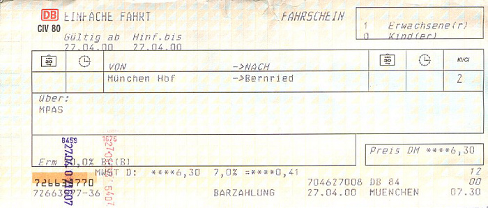 Bahnfahrkarte München - Bernried