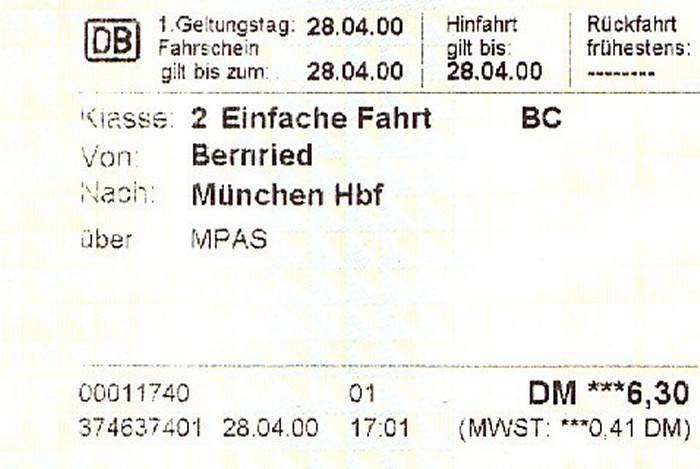 Bahnfahrkarte Bernried - München