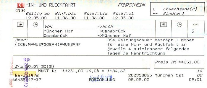Bahnfahrkarte München - Hannover - Osnabrück 12.5. / Osnabrück - Hannover - München 14.5.