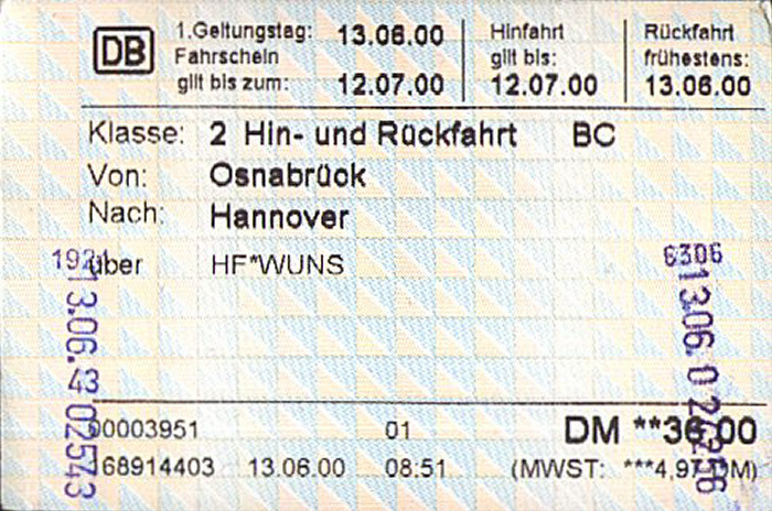 Bahnfahrkarte Osnabrück - Hannover / Hannover - Osnabrück