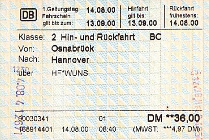 Bahnfahrkarte Osnabrück - Hannover 14.8. / Hannover - Osnabrück 15.8.