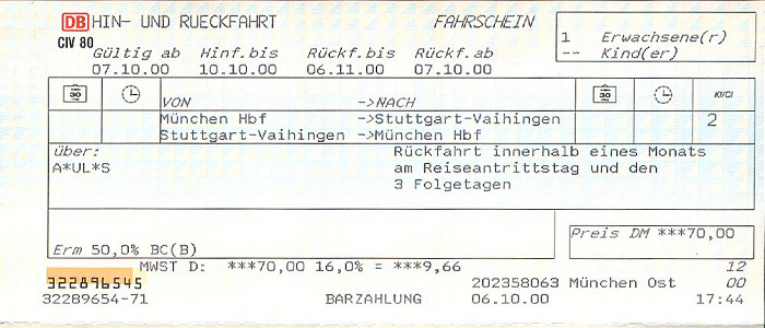 Bahnfahrkarte München - Stuttgart 7.10. / Stuttgart - München 8.10.