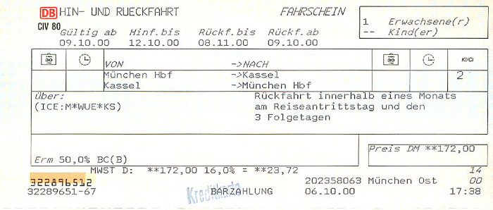 Bahnfahrkarte München - Kassel 9.10. / Kassel - München 10.10.