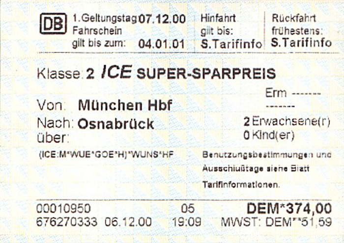 Bahnfahrkarte München - Hannover - Osnabrück 7.12. / Osnabrück - Hannover - München 11.12.