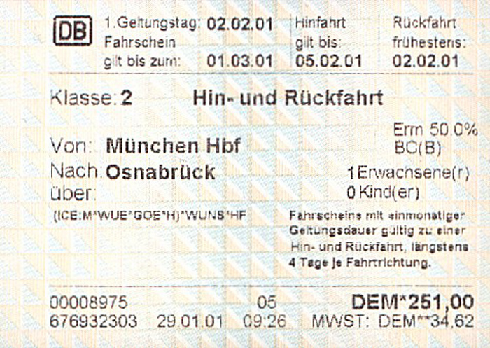 Bahnfahrkarte München - Hannover - Osnabrück 2.2. / Osnabrück - Hannover - München 4./5.2.