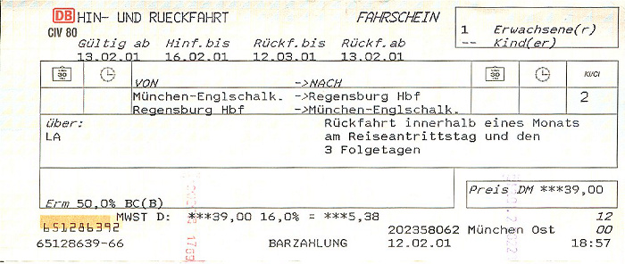 Bahnfahrkarte München - Regensburg - München