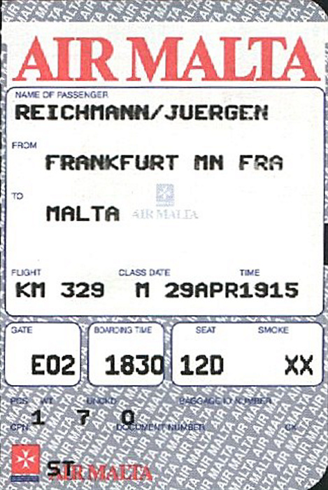 Frankfurt am Main Bordkarte Flug Frankfurt/Main - Malta