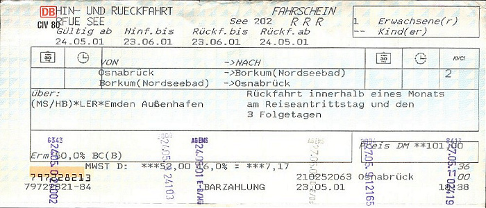 Bahn Osnabrück - Rheine - Emden, Fähre Emden - Borkum 24.5. / Fähre Borkum - Emden, Bahn Emden - Rheine - Osnabrück 27.5.