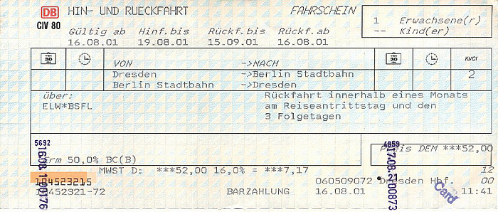 Bahnfahrkarte Dresden - Berlin 16.8. / Berlin - Dresden 17.8.