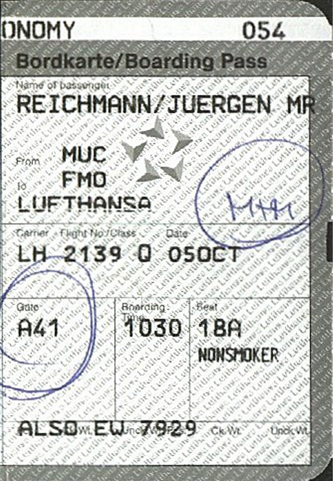 Bordkarte Flug München - Münster/Osnabrück