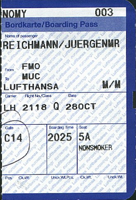 Greven Bordkarte Flug Münster/Osnabrück - München