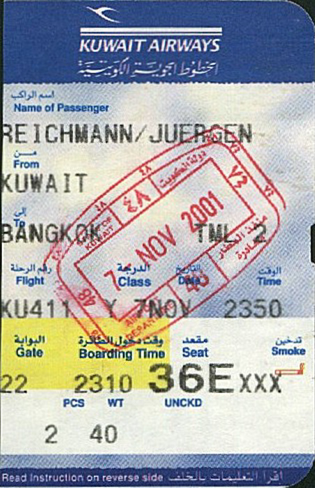 Kuwait-Stadt Bordkarte Flug Kuwait - Bangkok